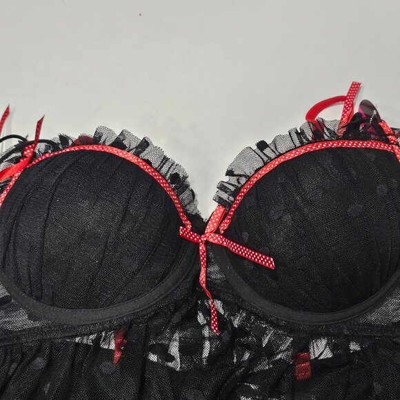 Polka Dot Black Push Up Bra Lace Babydoll Lingerie Size Medium - Picture 6 of 6